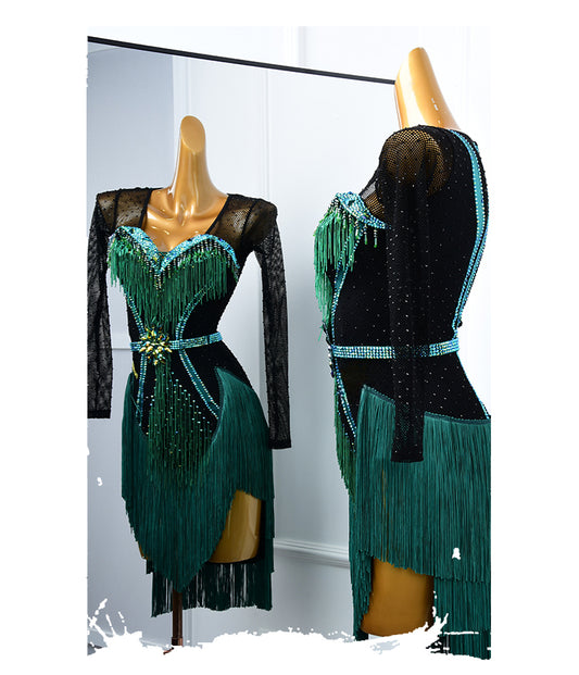 MINEJAS.PLBG018 Latin dance skirt adult women's new dark green performance competition suit, high-end flower clothes customized