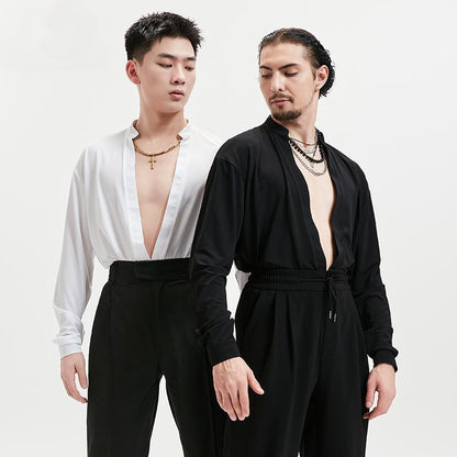 BOBO Boys Latin Dance Suit Men's Deep V-Neck Black National Standard Top Long Sleeve Dance Suit Practice Adult Exercise Practice