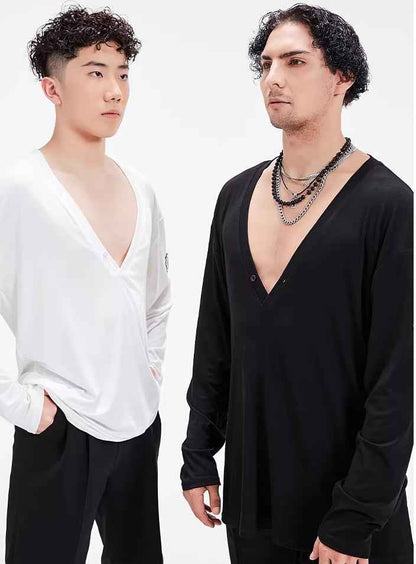 BOBO Boys Latin Dance Suit V-Neck Long Sleeve T-Shirt Men's Ballroom Dance Professional Latin Practice Suit Dance Top