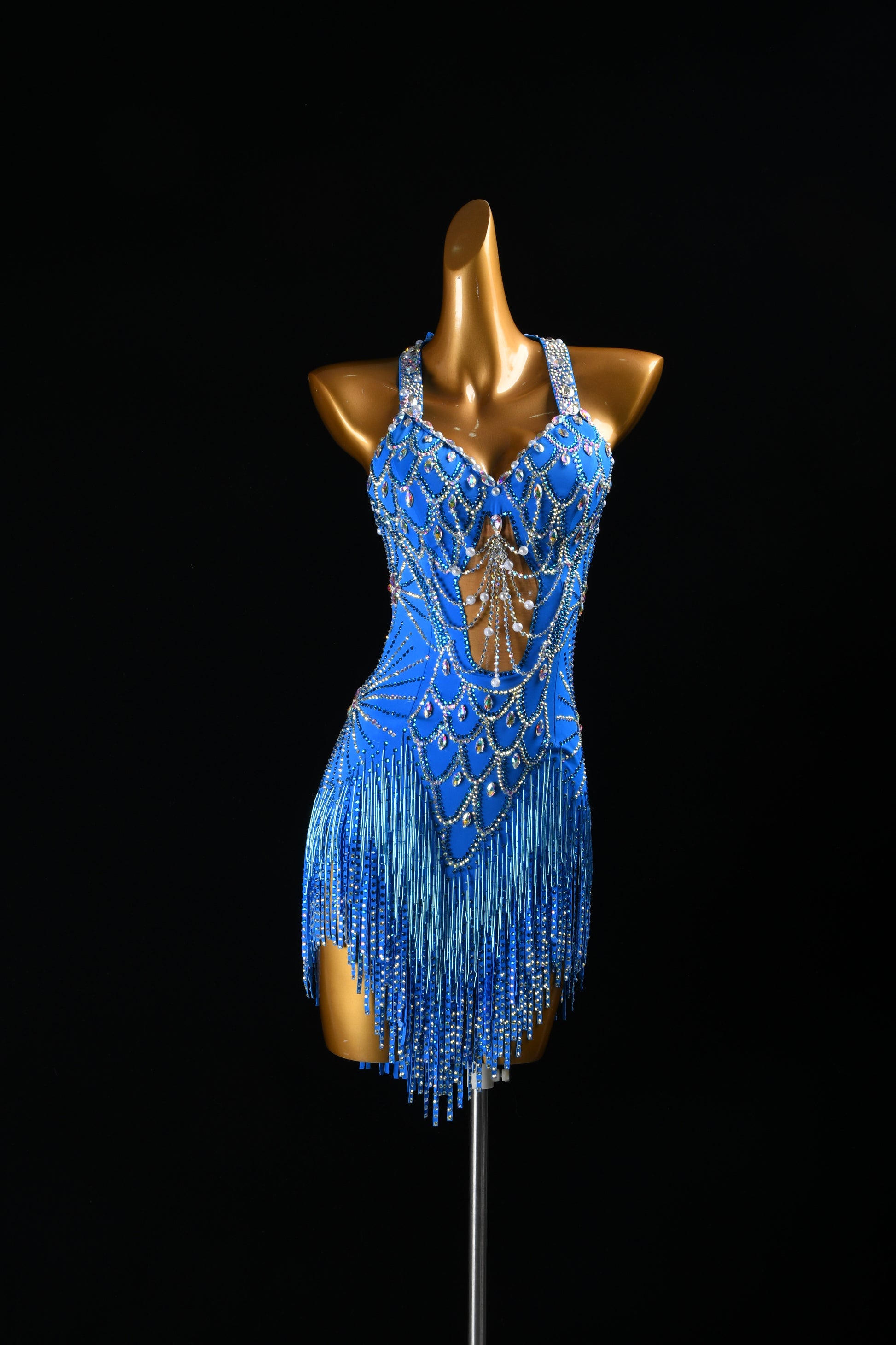 MINEJAS.F626 Sky Blue Fish-Scale Design Glass Tube Crystal Latin Competition Dress - Mine·Jas