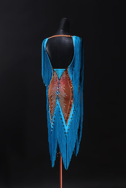 MINEJAS.PLB002 Latin dance skirt, blue new tassel performance competition suit, high-end flower clothing, customized.