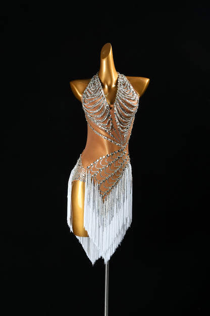 MINEJAS.F1626 Nude Tone & White Fringe Designer Latin Dance Dress - Mine·Jas