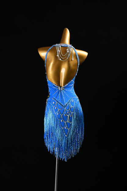MINEJAS.F626 Sky Blue Fish-Scale Design Glass Tube Crystal Latin Competition Dress - Mine·Jas