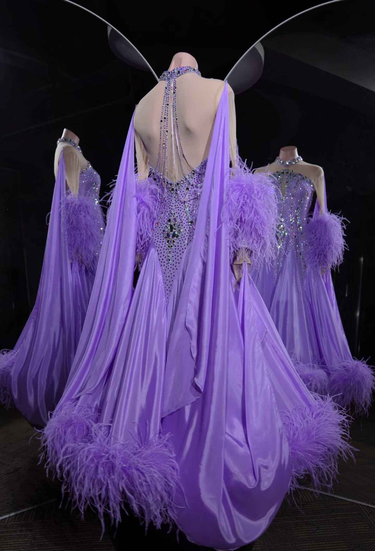 PEI.B010 Gorgeous Lavender Ballroom Dance Dress with AB Rhinestones & Feather