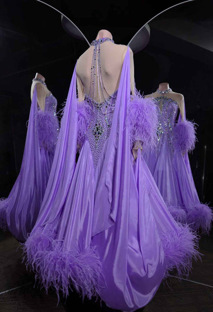 PEI.B010 Gorgeous Lavender Ballroom Dance Dress with AB Rhinestones & Feather