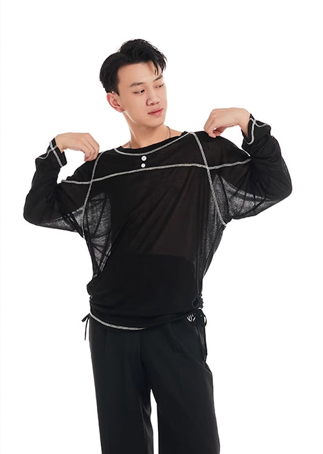 DUYQ "Black and White" Men's 007T word segmentation long-sleeved Latin dance practice performance uniform class uniform professional