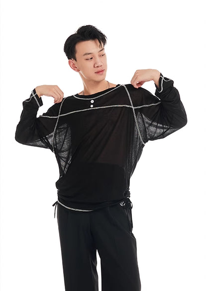 DUYQ "Black and White" Men's 007T word segmentation long-sleeved Latin dance practice performance uniform class uniform professional