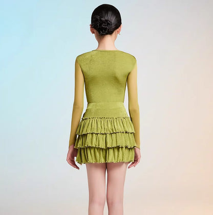 MLX gold 102/202 children's new long-sleeved Latin dance practice clothes children's dance cake skirt performance clothes - Mine·Jas