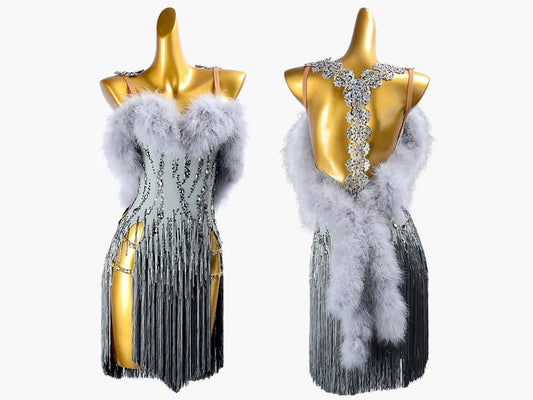 MINEJAS.PLG012 Cement ash Latin dress with beaded tubes, fringes, fox fur&crystals