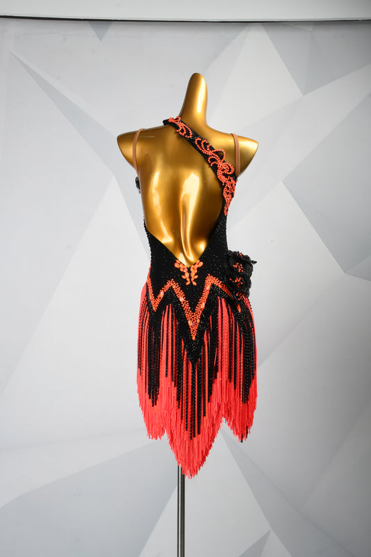MINEJAS.F1126 Black & Orange 3D Floral Dynamic Fringe Latin Competition Dress