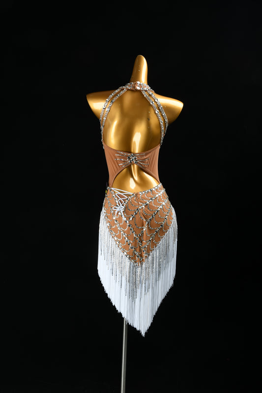 MINEJAS.F1626 Nude Tone & White Fringe Designer Latin Dance Dress - Mine·Jas