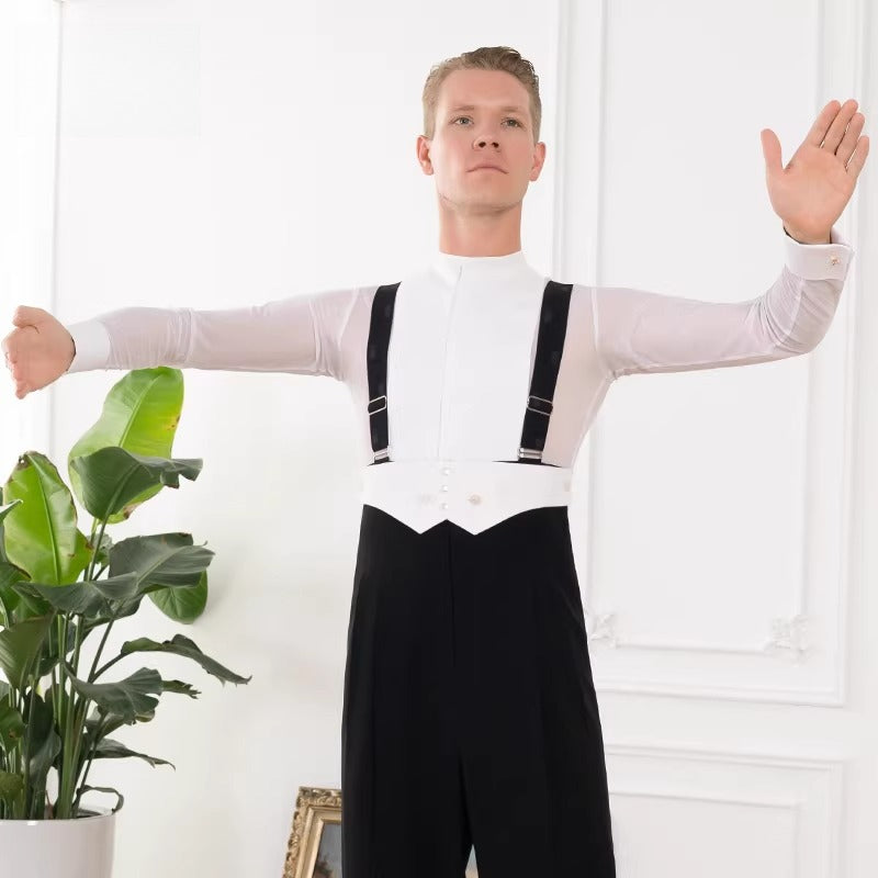 NY Fashion Men's Mesh Stand-Up Collar Long Sleeve Competition Shirt Tango Foxtrot Shirt 24138-S