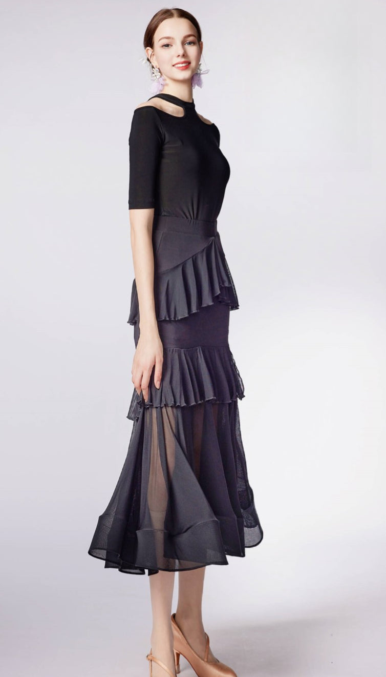WD.Q31 Women's Elegant Ballroom American Smooth Dance skirt with Flowing Ruffles