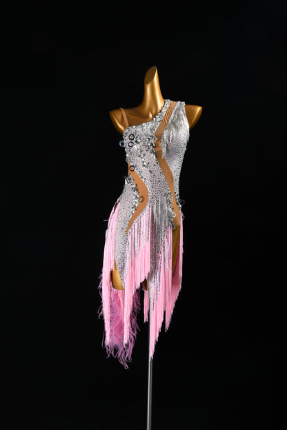 MINEJAS.F826 Pink Feather Fringe Dynamic Latin Dance Dress