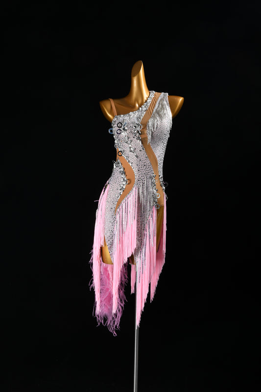 MINEJAS.F826 Pink Feather Fringe Dynamic Latin Dance Dress