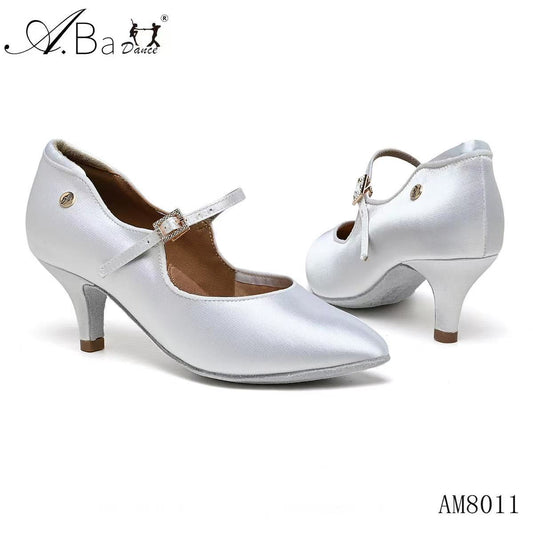 ABA DANCE.AM8011 Elegant White Satin Pointed Toe Ballroom Shoes for Women