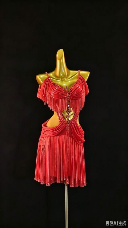MINEJAS.L519 Silver White Cutout Latin Dance Dress with Fringe & Rhinestones | Custom Rhythm Competition Wear