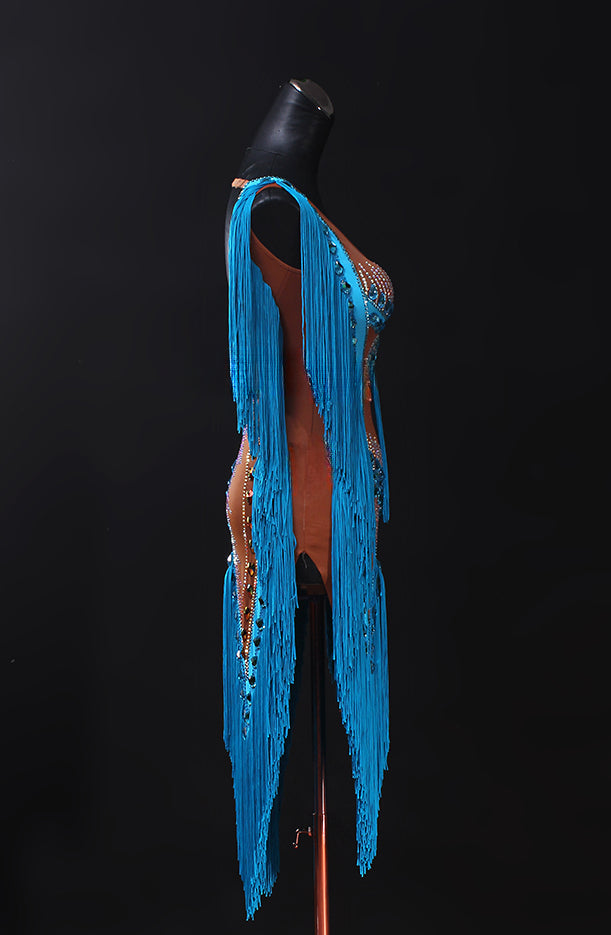 MINEJAS.PLB002 Latin dance skirt, blue new tassel performance competition suit, high-end flower clothing, customized.