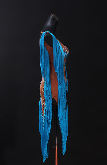 MINEJAS.PLB002 Latin dance skirt, blue new tassel performance competition suit, high-end flower clothing, customized.