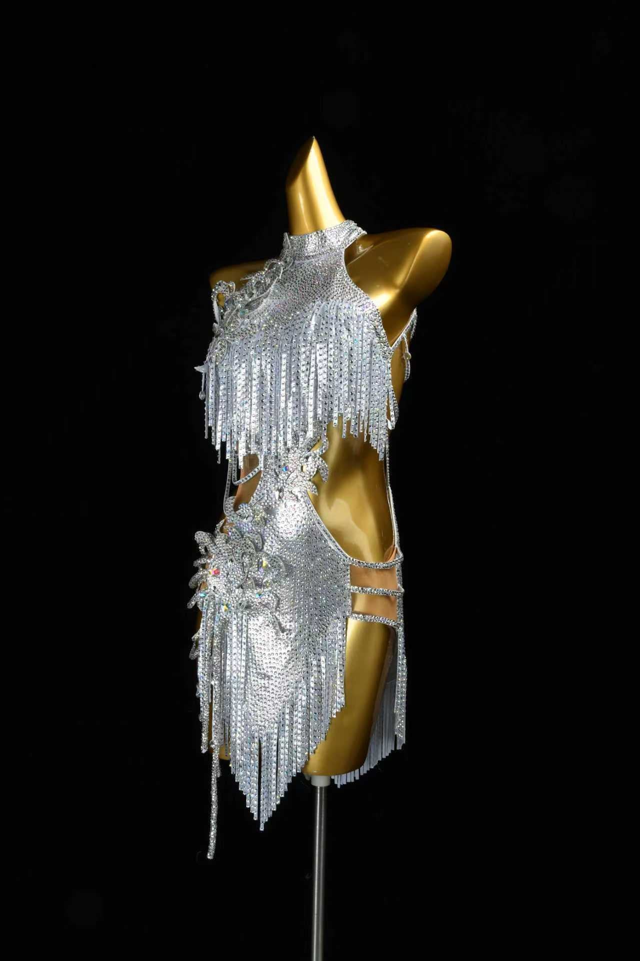 Silver Rhinestone Fringe Latin Dance Dress | Custom Halter Neck Samba Competition Costume for Women - Mine·Jas