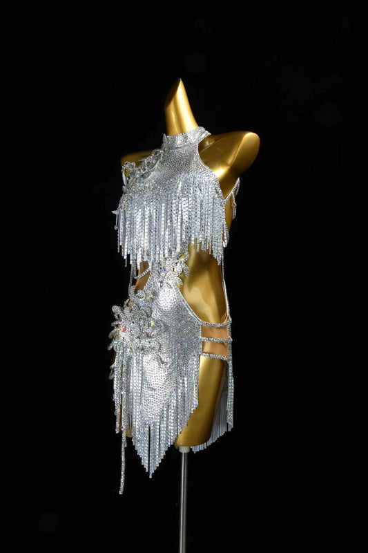 Silver Rhinestone Fringe Latin Dance Dress | Custom Halter Neck Samba Competition Costume for Women - Mine·Jas