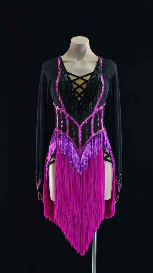 MINEJAS.L064 Black Pink Fringe Latin Salsa Competition Gown