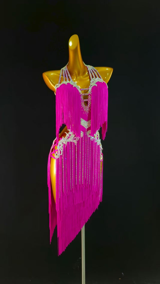 MINEJAS.L039P Hot Pink Fringe Latin Dance Dress with Rhinestone Detailing – Women’s Ballroom Competition Costume