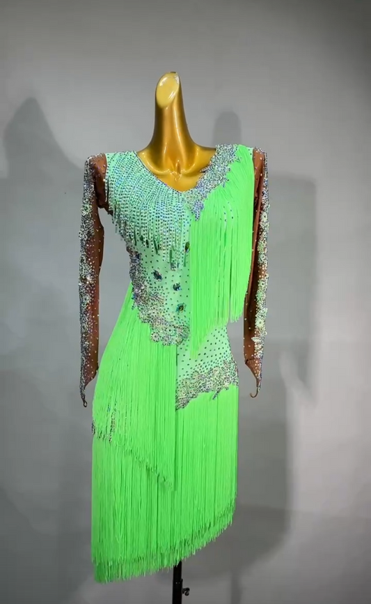 MINEJAS.L022 Vibrant Neon Green Fringe Latin Dance Dress with Crystal Detailing