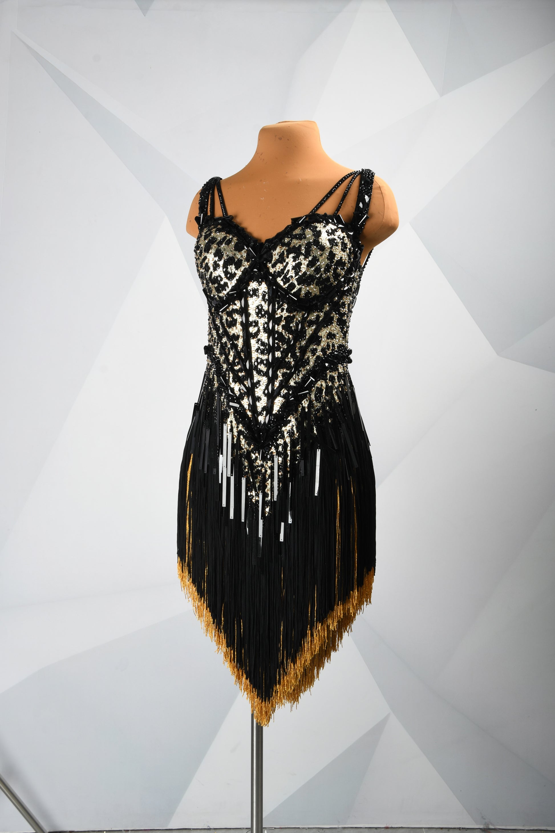 MINEJAS.F926 Leopard Print Corset Design Black, Brown Fringe Latin Dress - Mine·Jas