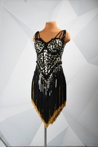 MINEJAS.F926 Leopard Print Corset Design Black, Brown Fringe Latin Dress - Mine·Jas