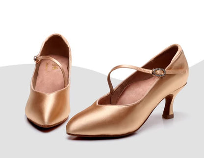 DRH-208 Women's Pointed Oblique Strap Satin Tango & Waltz Dance Shoes – Soft Sole for Social & Performance - Mine·Jas