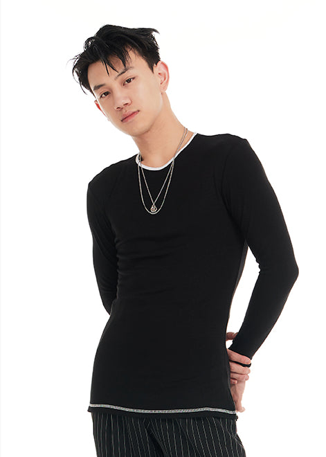 DUYQ "Black and White" Men's 009 Small Crew Neck Long Sleeve Versatile Single Product National Standard Latin Dance Practice Suit