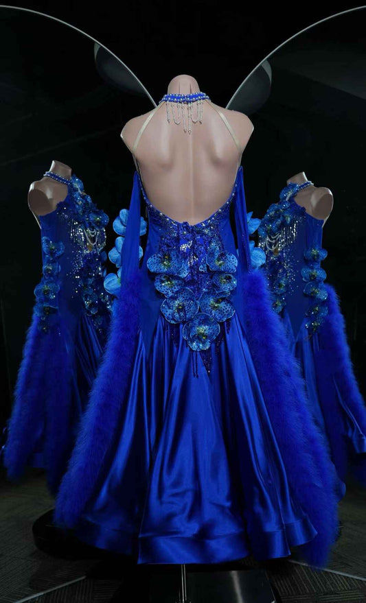 PEI.B009 Royal Blue Ballroom Dance Dress with 3D Orchid & Feather, Professional Competition Dance Gown