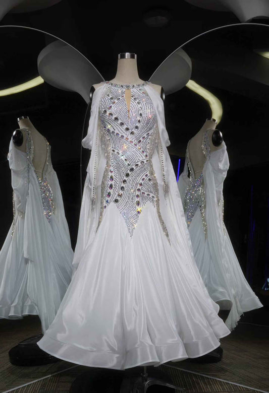 PEI.B016 White AB Rhinestone Ballroom Standard Dance Gown