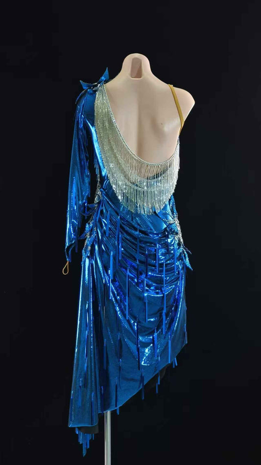 MINEJAS.L95 Blue Metallic Fringe Latin Dance Dress