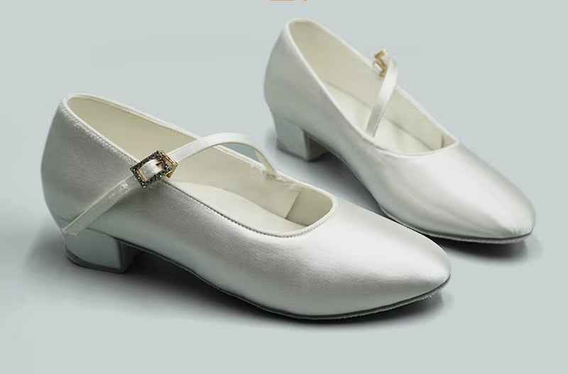 DRH-701A Children's Satin Ballroom Dance Shoes Skin Tone White Satin