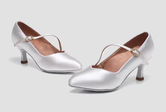 DRH-208 Women's Pointed Oblique Strap Satin Tango & Waltz Dance Shoes – Soft Sole for Social & Performance - Mine·Jas