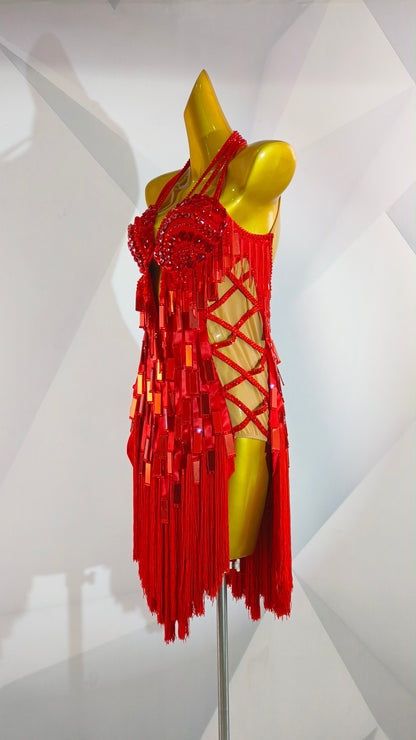 MINEJAS.F1426 Red Mirror Sequin Fringe Dynamic Latin Dance Dress