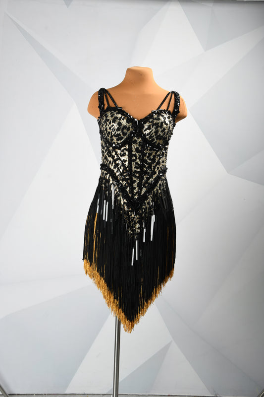 MINEJAS.F926 Leopard Print Corset Design Black, Brown Fringe Latin Dress - Mine·Jas