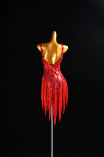 MINEJAS.2726 Women's Latin Dance Dress - Metallic Red Fabric, Alluring Fringe Skirt, Performance & Competition