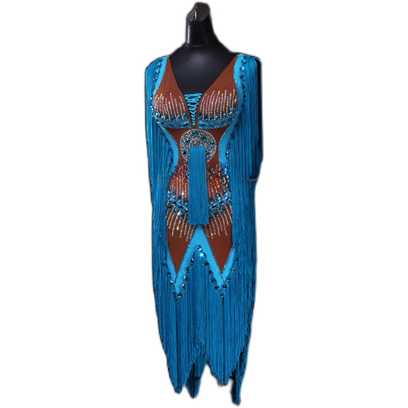 MINEJAS.PLB002 Latin dance skirt, blue new tassel performance competition suit, high-end flower clothing, customized.