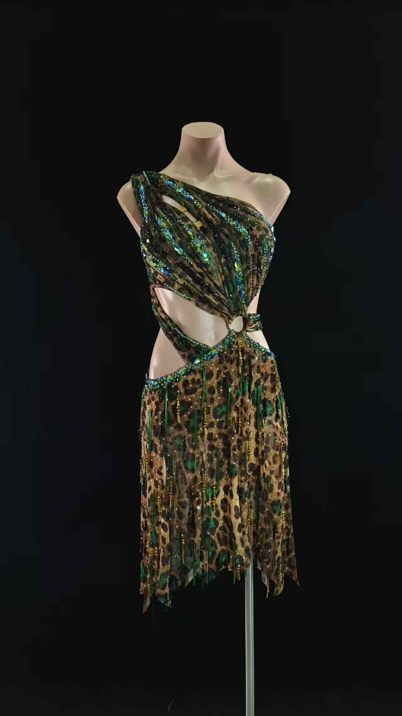 MINEJAS.L058 Leopard Print Green Latin Dance Costume for Competition