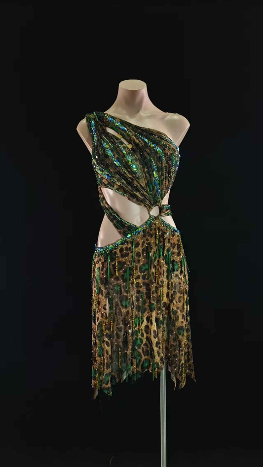 MINEJAS.L058 Leopard Print Green Latin Dance Costume for Competition