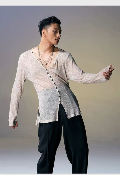 DUYQ.New Men-020 V-neck Long-sleeve Color-block Striped Top - Professional Men's Standard Latin Dance Practice Wear