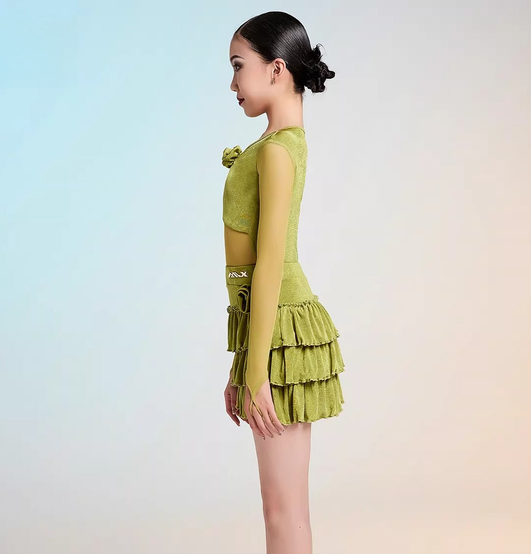 MLX gold 102/202 children's new long-sleeved Latin dance practice clothes children's dance cake skirt performance clothes - Mine·Jas