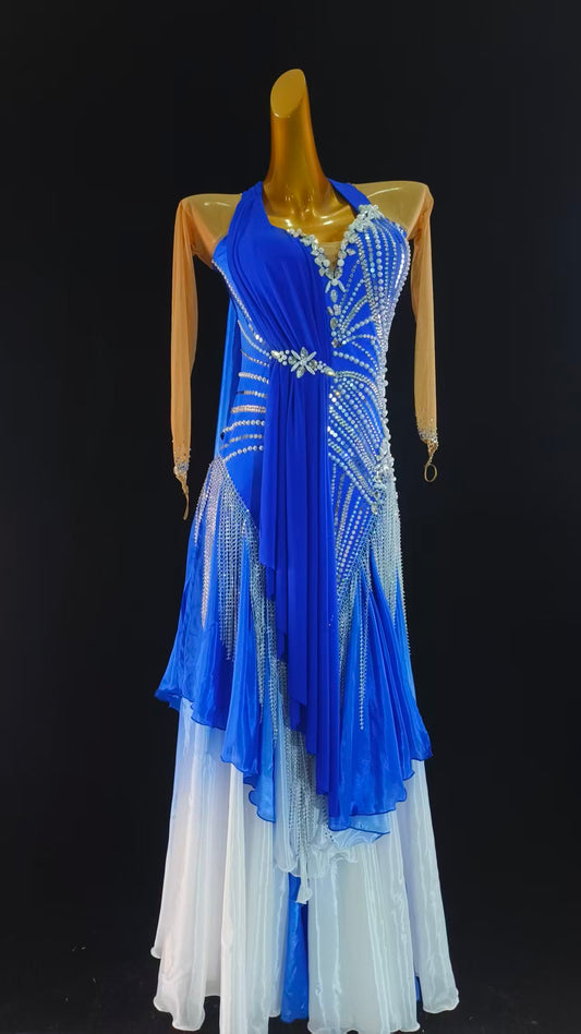MINEJAS.S108P Royal Blue Ombre Ballroom Dance Dress with Crystal Embellishments