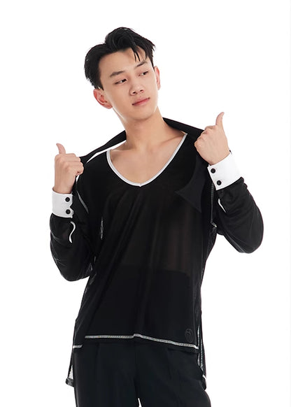 DUYQ "Black and White" Men's 005 Small V-neck Long Sleeve Top Adult National Standard Latin Dance Basic Practice Suit