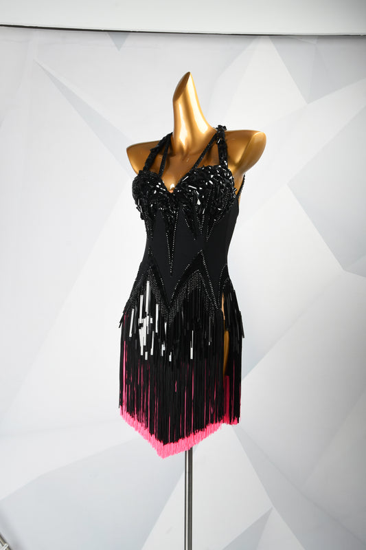 MINEJAS.F1526 Black Line Design with Pink Fringe Latin Dance Dress