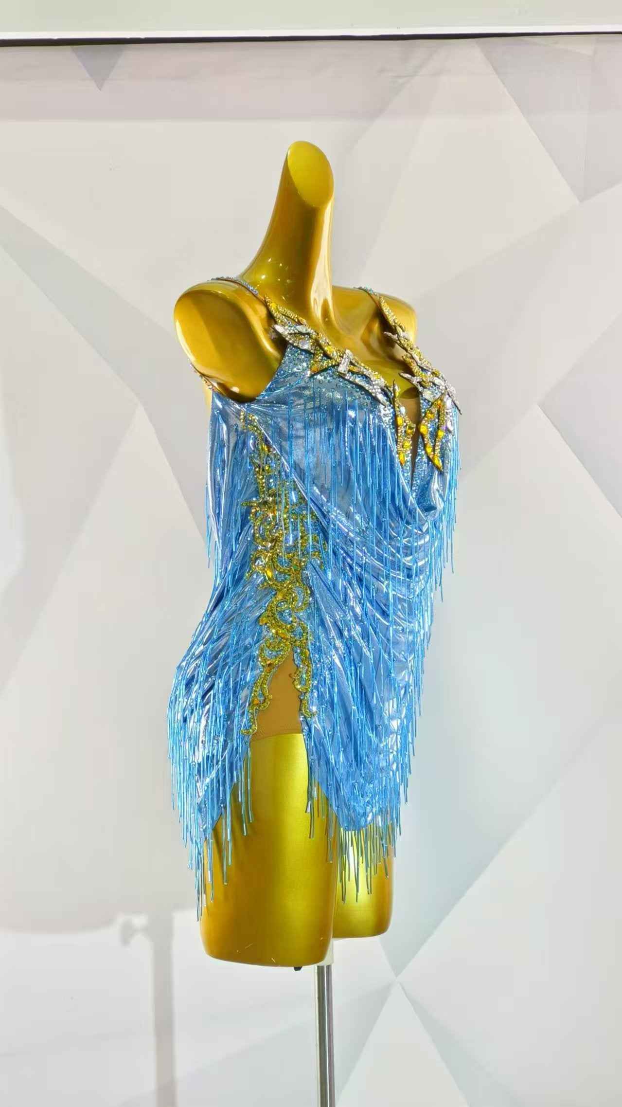MINEJAS.L066 Sky Blue Gold Fringe Latin Performance Dress