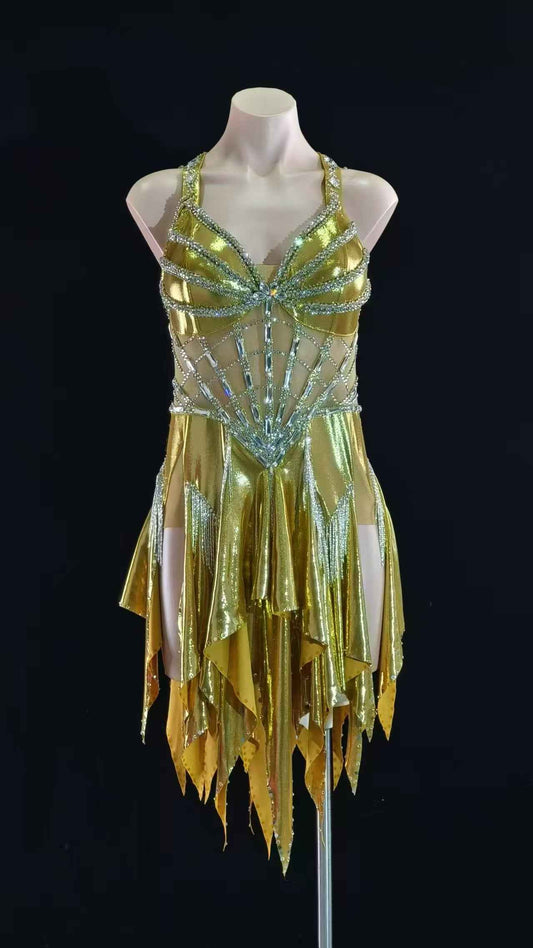 MINEJAS.L063 Gold Rhinestone Fringe Latin Dance Dress